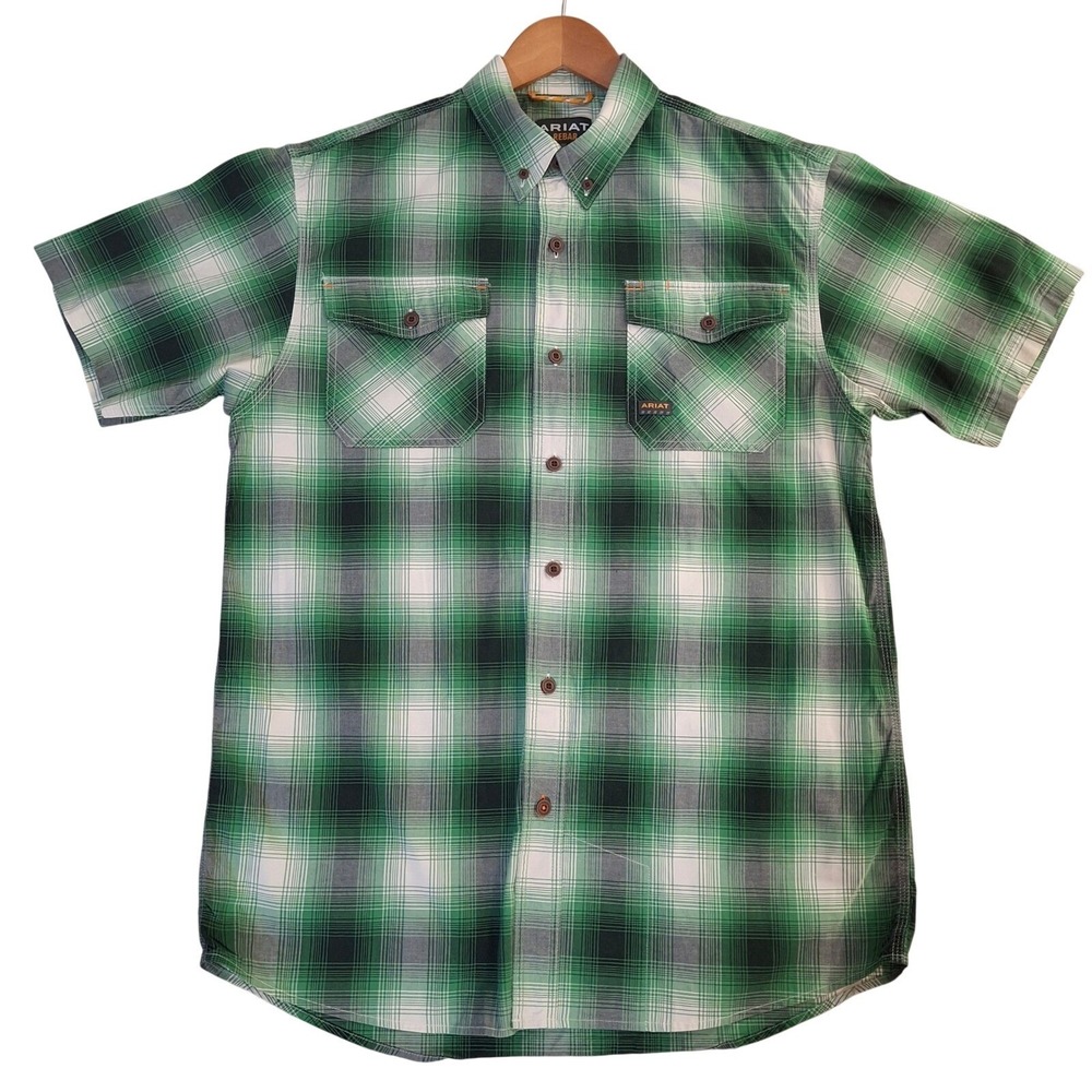 Ariat Rebar Mens Medium Green Plaid Short Sleeve Button Down Work Shirt 10039331